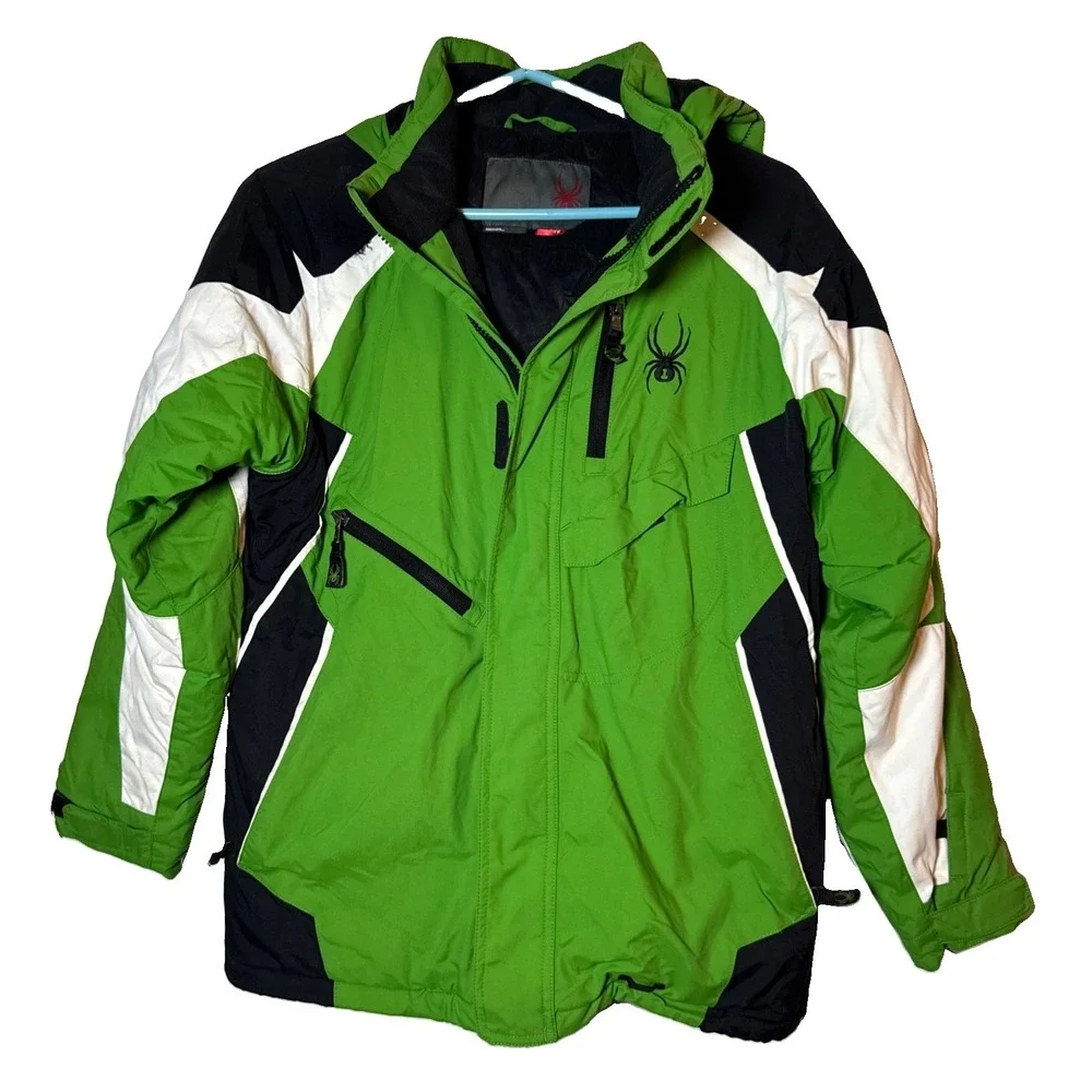 Spyder Kids Ski Jacket Size 18 Green Hooded Insulated Winter Snow Coat 170